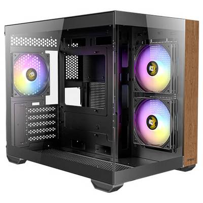 Een computerbehuizing met transparante zijkanten, waarop twee grote ventilatoren met RGB-verlichting zichtbaar zijn. Ideaal voor pc-enthousiastelingen.