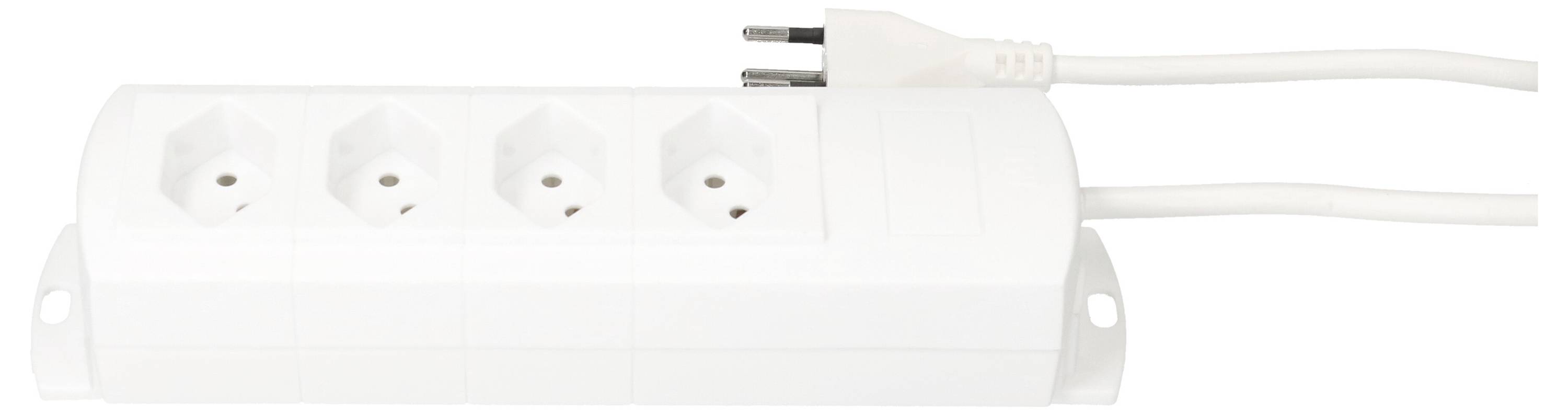 Witte stekkerdoos met vier aansluitingen en een kabel met stekker.