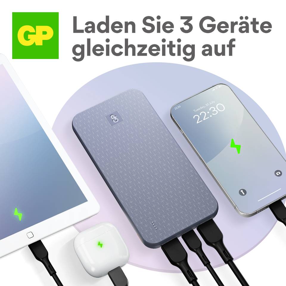 Groen logo linksboven. Tekst: 'Laad 3 apparaten tegelijkertijd op'. Weergave van een tablet, smartphone en powerbank die worden opgeladen.