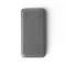 Een grijze powerbank gezien van bovenaf. Hij heeft een capaciteit van 20.000 mAh en verschillende certificeringslogo's zijn zichtbaar.