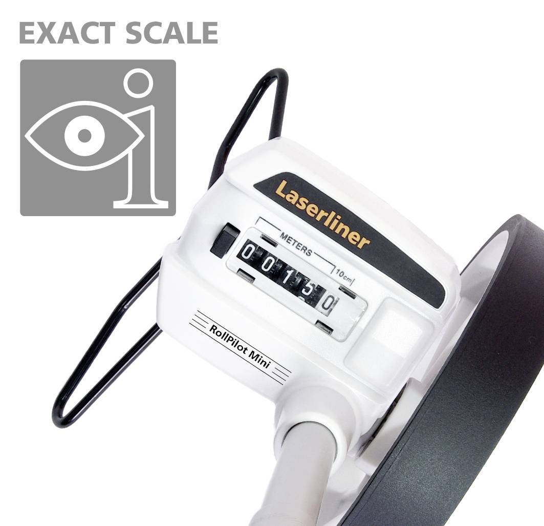 Digitale roltacho 'Rollpilot Mini' van Laserliner toont 11,30 meter aan. Symbool daarboven met een oog- en info-grafiek, tekst: 'EXACT SCALE'.