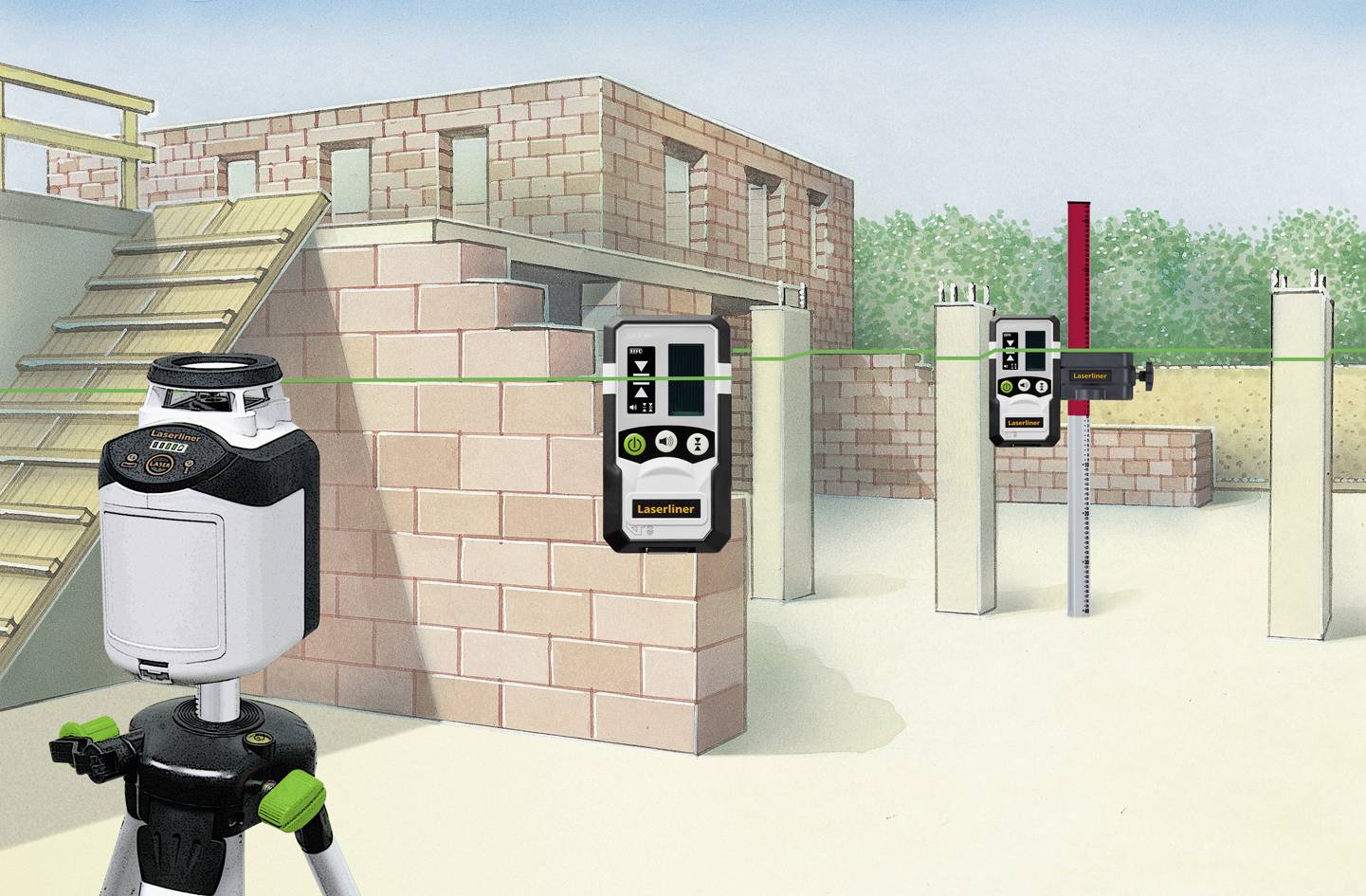 Bouwplaats met een laserinstrument voor het waterpassen, dat op een statief staat. Twee betonnen pijlers en een half afgewerkt bakstenen gebouw op de achtergrond.