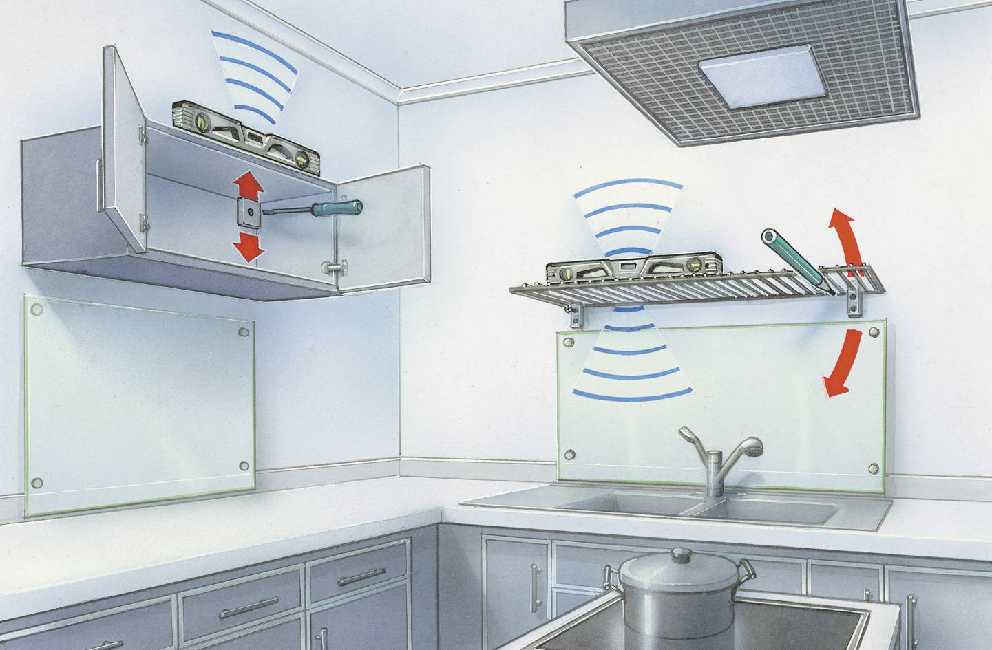 Een keuken met twee kasten die zich automatisch openen via sensoren. Sensorgolven zijn zichtbaar op de kasten.