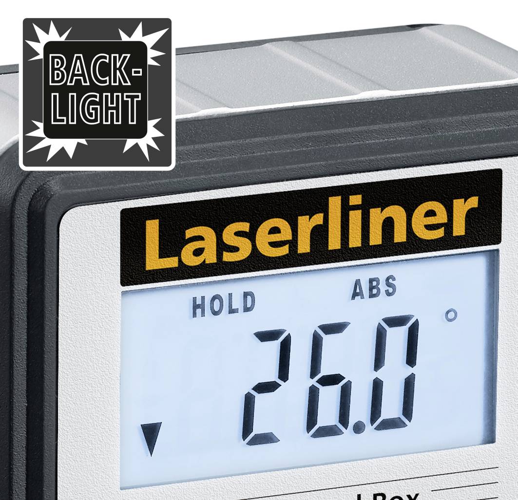 Digitaal hoekmeetinstrument met achtergrondverlichting toont '26.0°'. Merk: Laserliner.