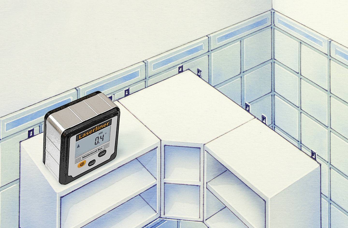 Een digitaal hoekmeetapparaat met display toont '0,4°'. Het ligt op een kast en geeft de helling aan. Achtergrond: 3D-keukenplattegrond.