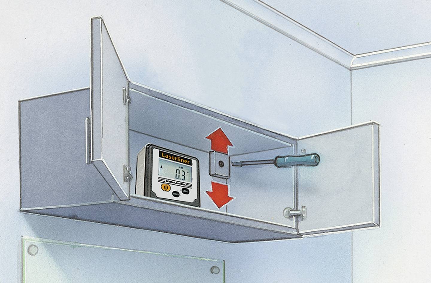 Een lasermeetapparaat bevindt zich in een geopende wandkast en meet de afstand met een laserstraal die naar boven en beneden is gericht.