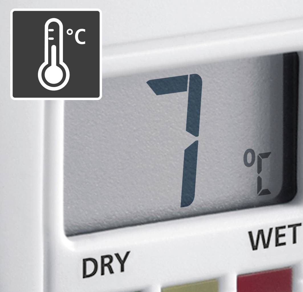 Digitale thermostaat toont '7°C', met temperatuursymbool linksboven.