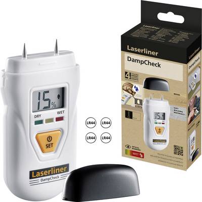 Vochtigheidsmeter met digitaal display toont 15% aan. Verpakking en LR44-batterijen ernaast.