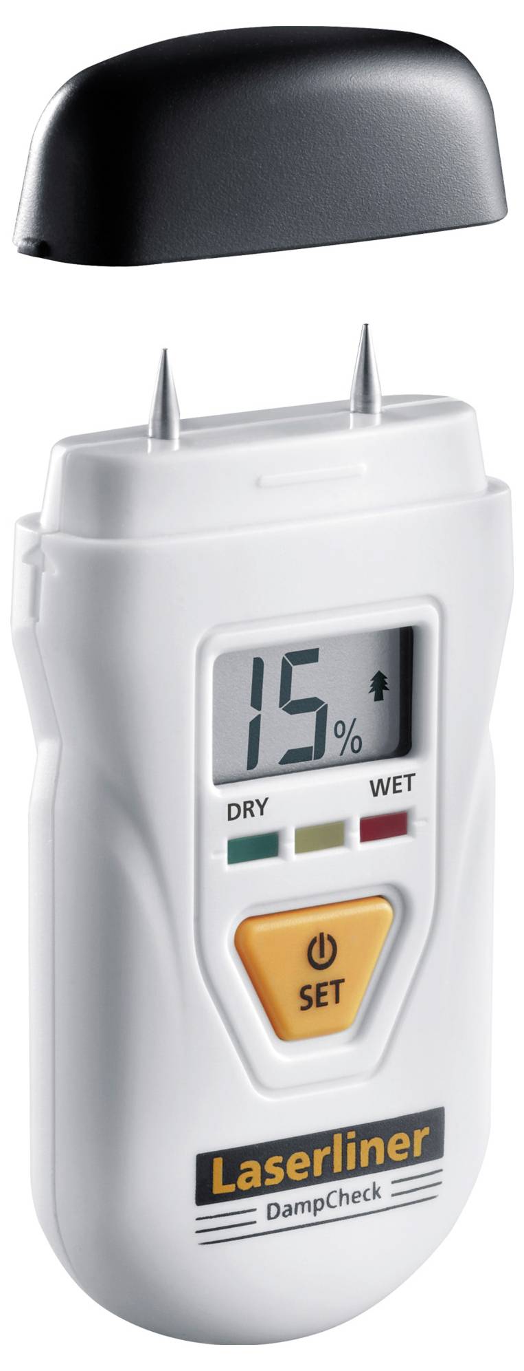 Vochtmeter met digitaal display. Toont 15% vochtigheid aan. Twee metalen punten bovenaan en beschermkap ernaast. Merk 'Laserliner'.