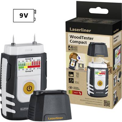 Vochtmeter voor hout met LED-display en twee metalen punten, verpakking rechts met productinformatie, werkt op batterij (9V).
