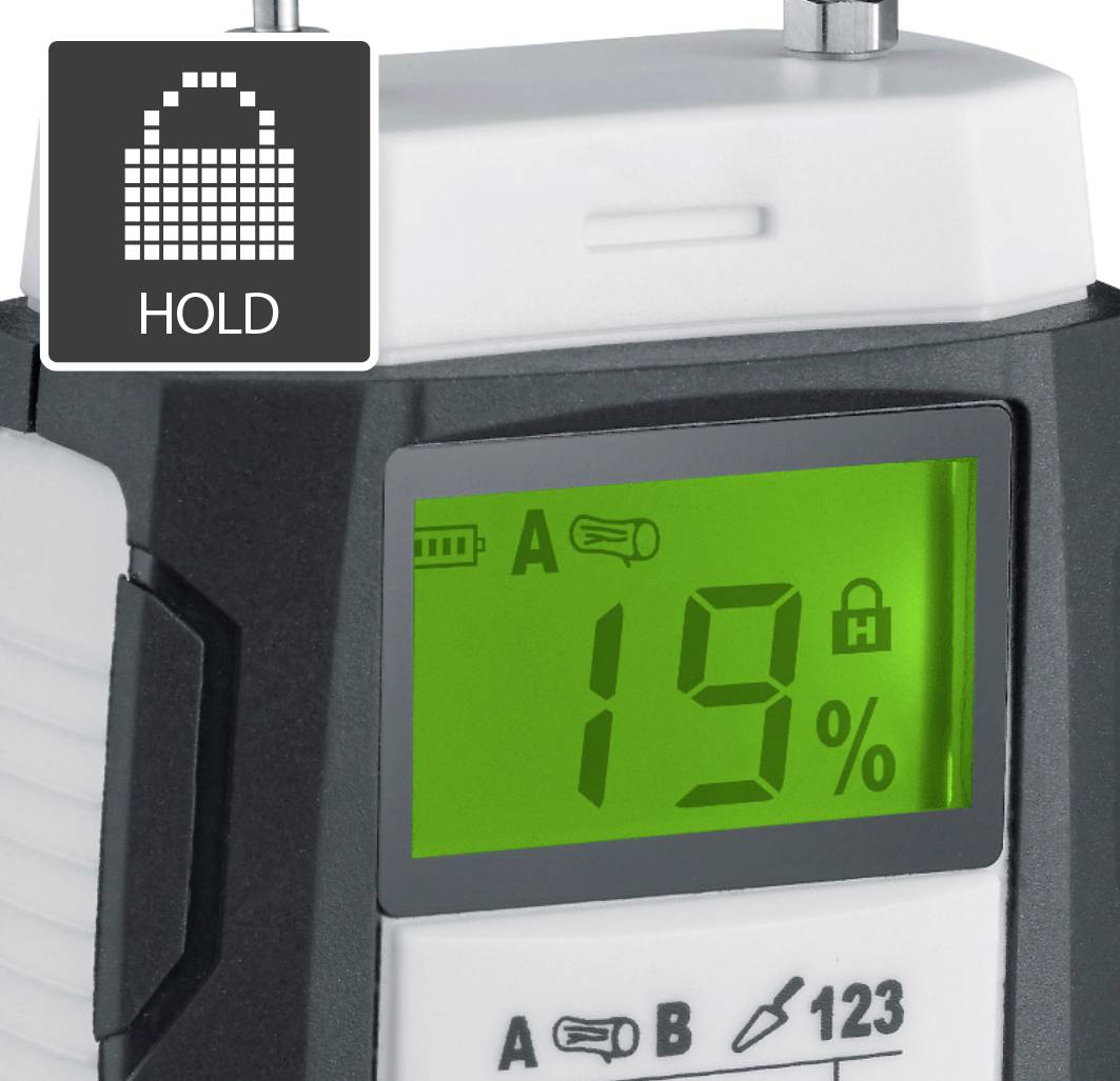 Digitaal apparaat met groene weergave, toont '19%'. Symbolen voor verlichting en batterij. Bovenaan symbool van een vergrendelde tas met 'HOLD'.