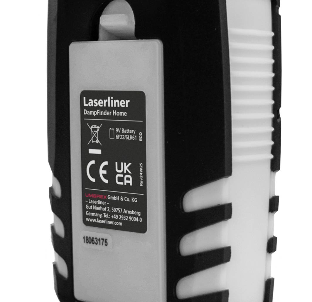 Een vochtigheidsmeter met het opschrift 'Laserliner DampFinder Home', voorzien van CE-UKCA-markering en batterijvak.