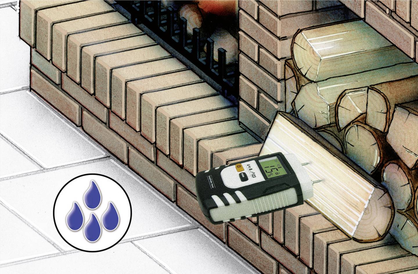 Vochtmeter toont '15%' in een houtblok naast een open haard. Symbool met drie blauwe waterdruppels linksonder.