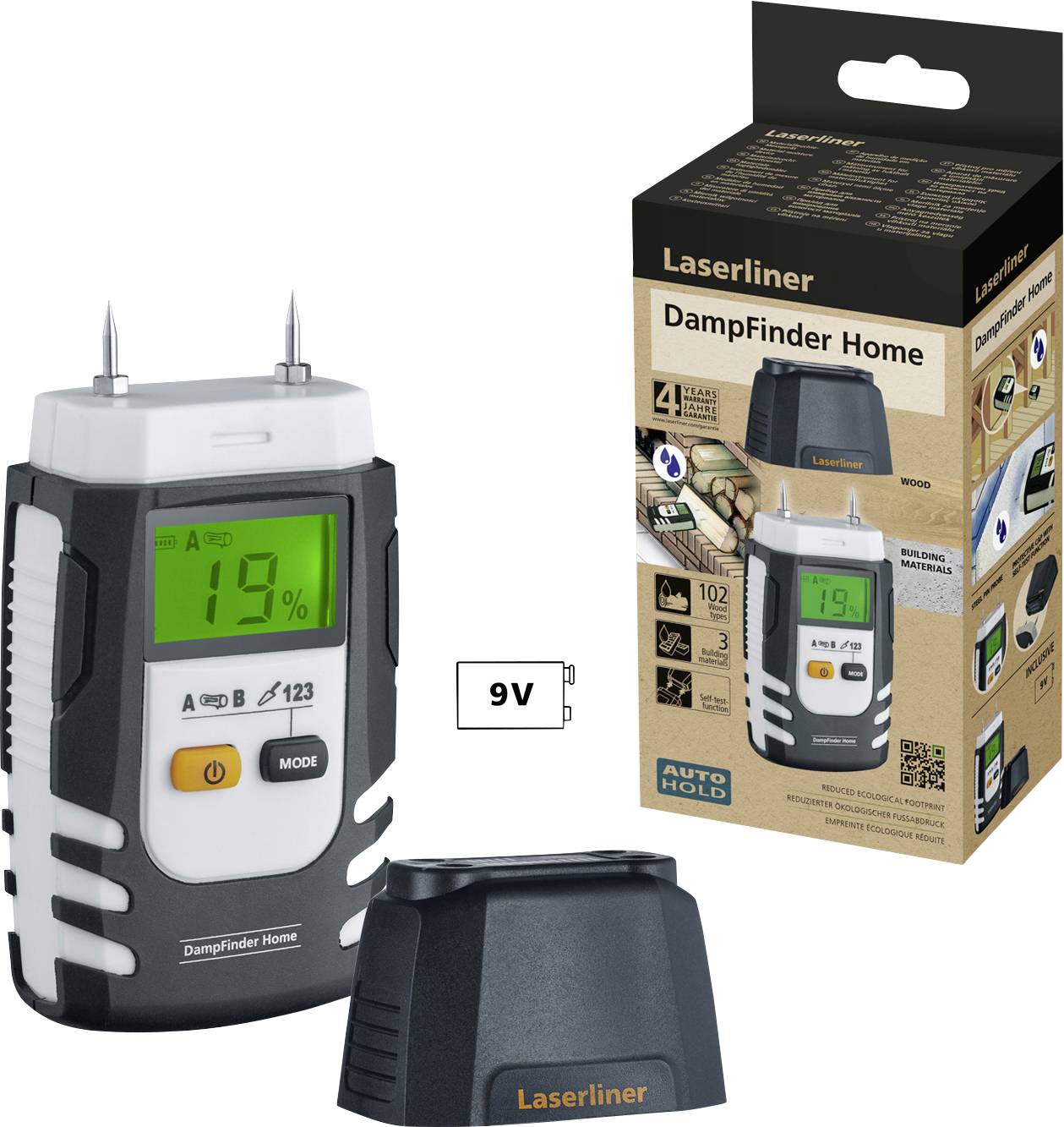 Vochtigheidsmeter met digitale weergave van 19%, omgeven door verpakking en batterijen, toont vochtgehalte in materiaal.