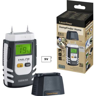 Vochtigheidsmeter met digitale weergave van 19%, omgeven door verpakking en batterijen, toont vochtgehalte in materiaal.