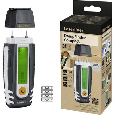 Een vochtigheidsmeter met een groen display en aanduiding, werkend op batterijen. Verpakking met details en functies van het apparaat.