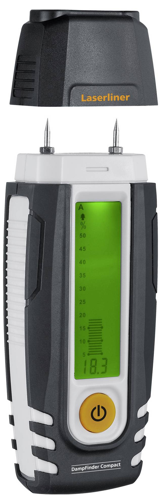 Digitale vochtigheidsmeter met groen verlicht display en gele aan/uit-knop, geeft het vochtgehalte van materialen weer.