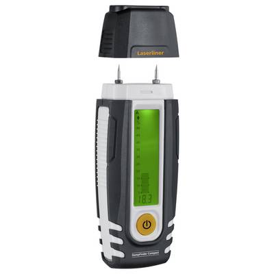 Digitale vochtigheidsmeter met groen verlicht display en gele aan/uit-knop, geeft het vochtgehalte van materialen weer.