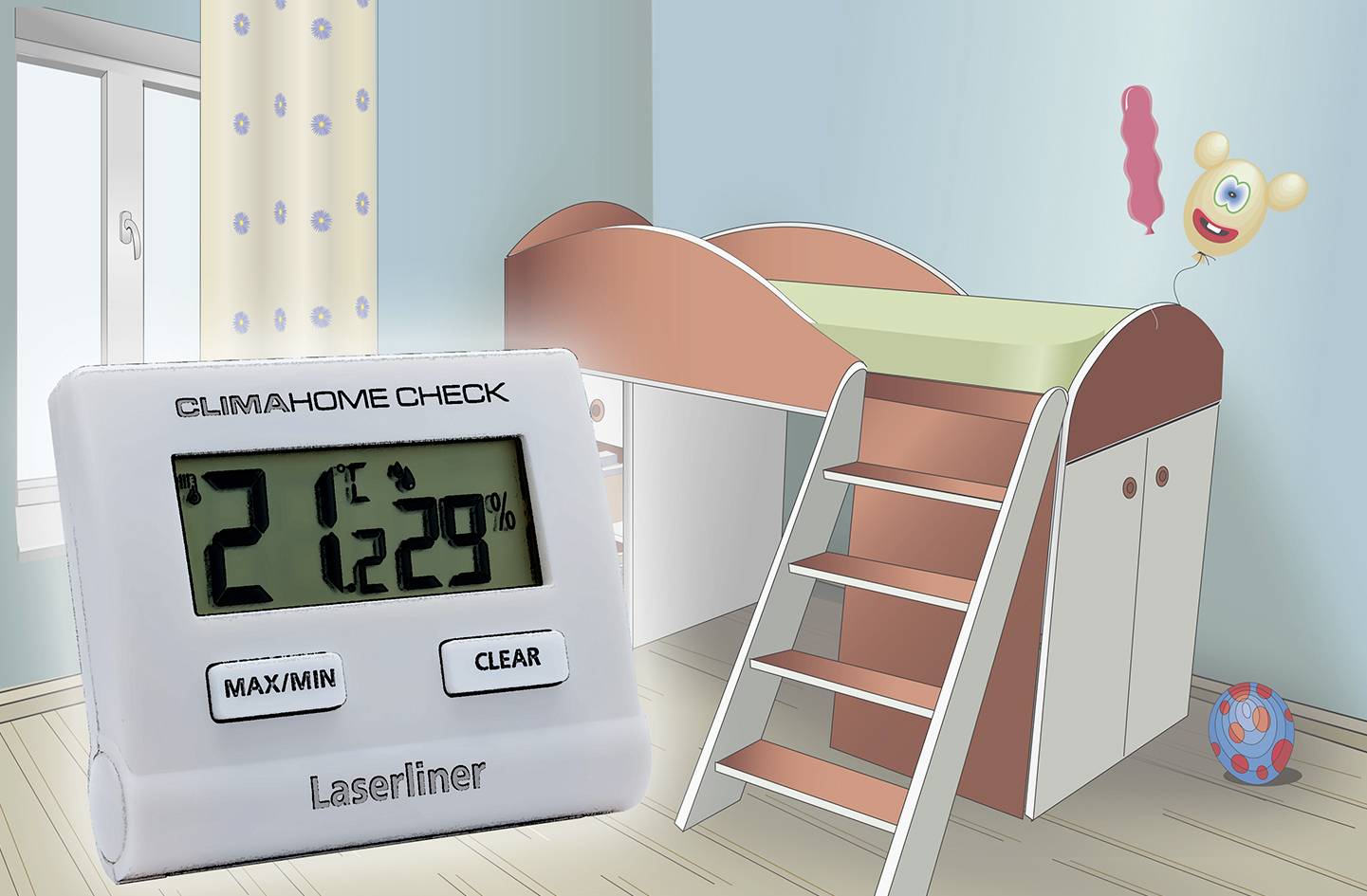 Een digitale thermo-hygrometer toont 21°C en 29% luchtvochtigheid. Op de achtergrond is een kinderkamer met een hoogslaper zichtbaar.