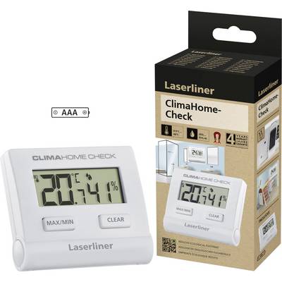 Thermometer en hygrometer van Laserliner met weergave van '20°C, 41% luchtvochtigheid'. Verpakking toont producttoepassing in de ruimte.