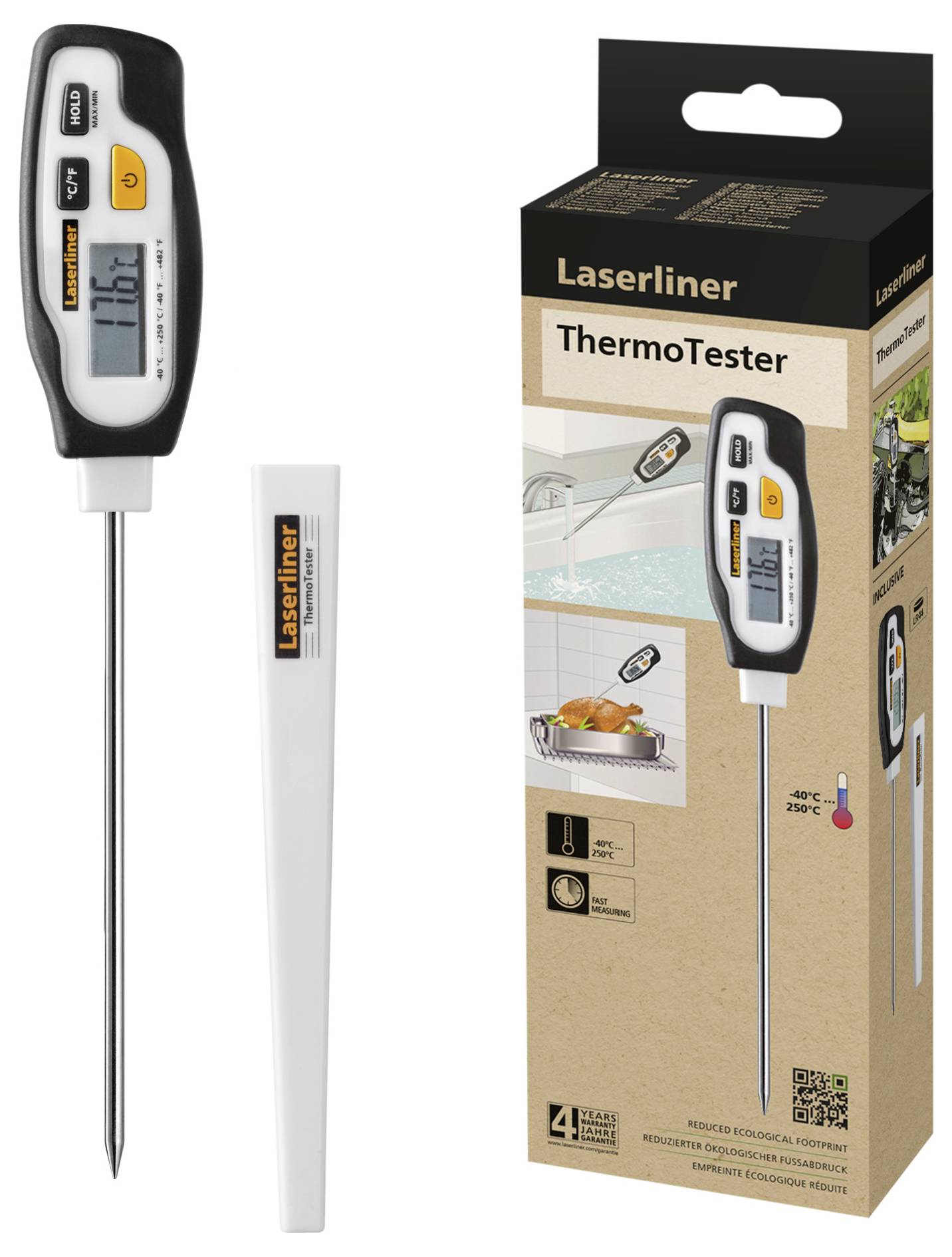Verpakking en digitale thermometer met lange sonde. Geschikt voor vloeistoffen en voedsel, temperatuurbereik -40°C tot 250°C.