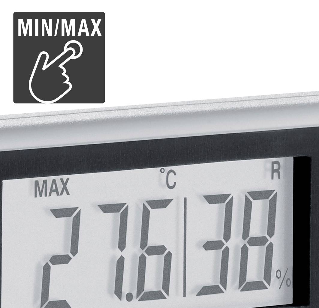 Digitale thermometer toont 27,6 °C en 38% luchtvochtigheid. Linksboven het symbool voor de minimum/maximum-functie.