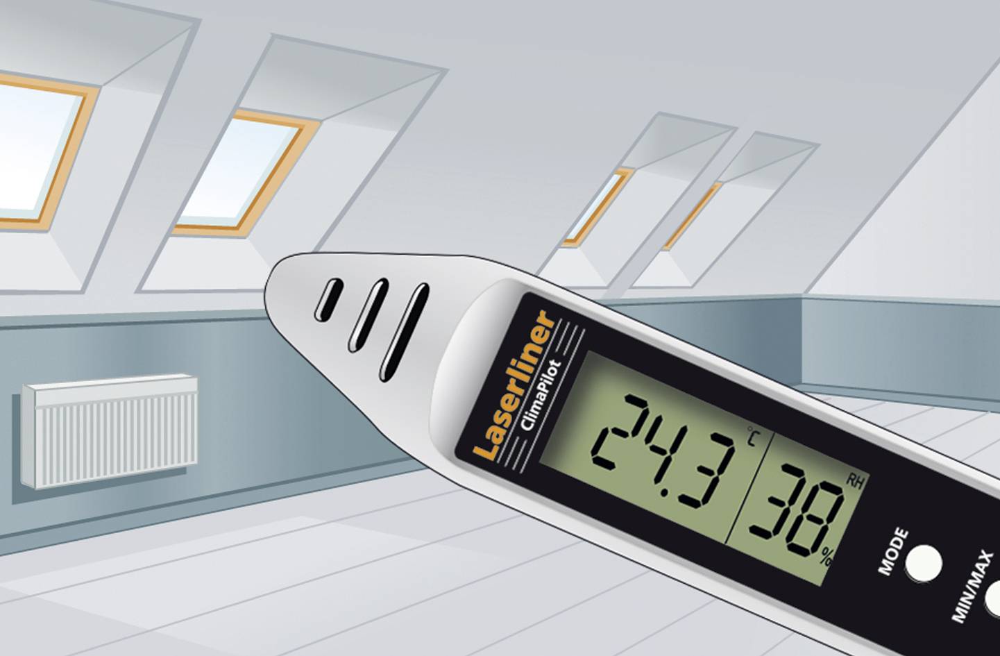 Een digitale thermometer toont '24,3 °C' en '38 %' in een lichte zolderkamer met drie schuine ramen en een radiator.