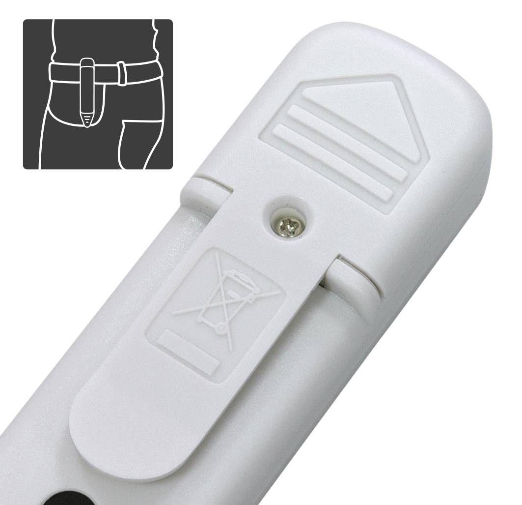 Een witte afstandsbedieningshouder met een riemclip die aan een riem kan worden bevestigd. Toont een diagram met montage-instructies.