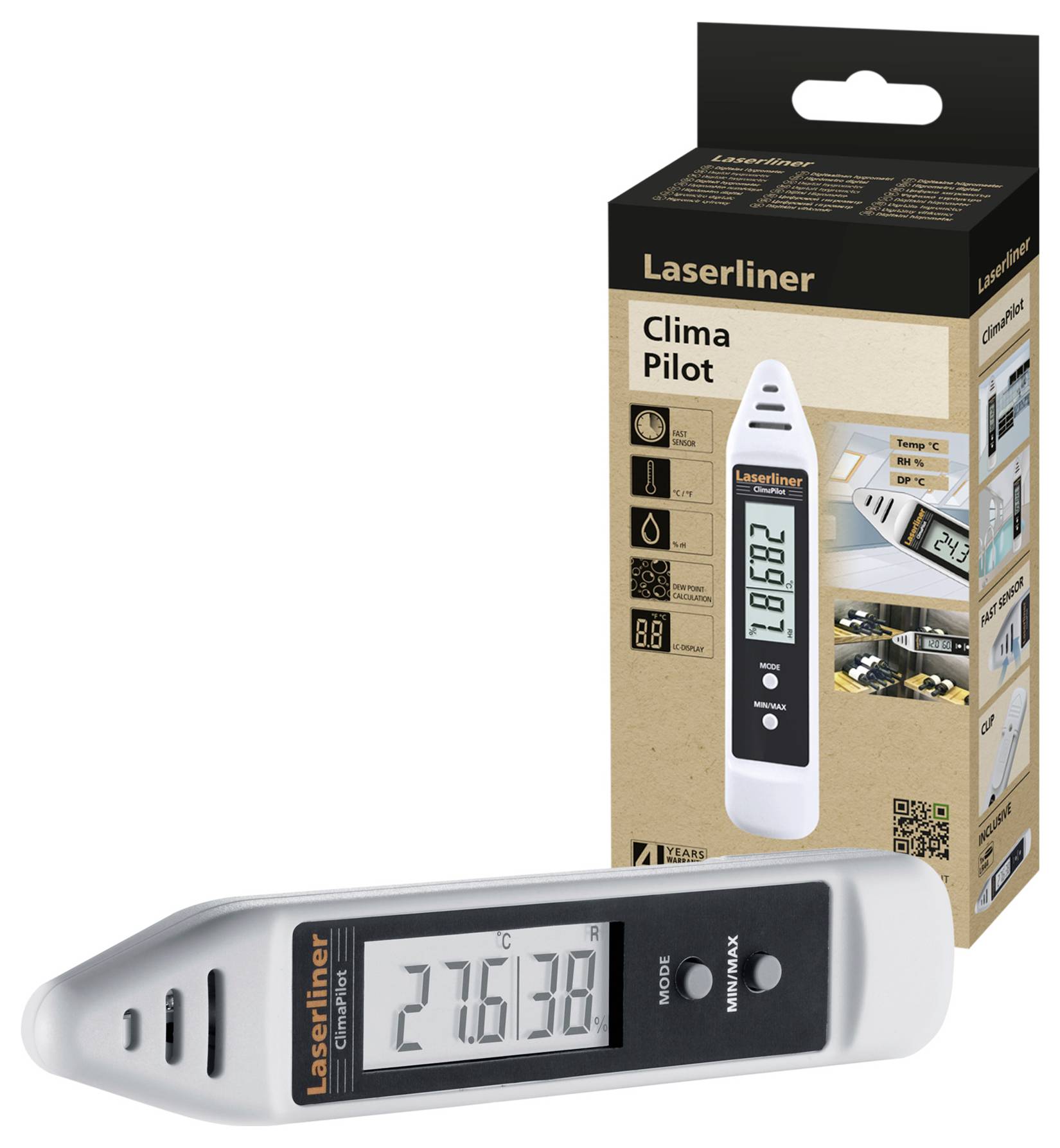 Thermometer op de voorgrond toont 27,6°C. Verpakking op de achtergrond met afbeelding en merk 'Laserliner Clima Pilot', bedoeld voor temperatuurmeting.