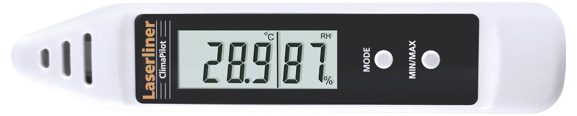Een digitale thermo-hygrometer toont '28,9°C' en '87% RV' op het display. Merknaam: Laserliner, toetsen voor modus en min/max.