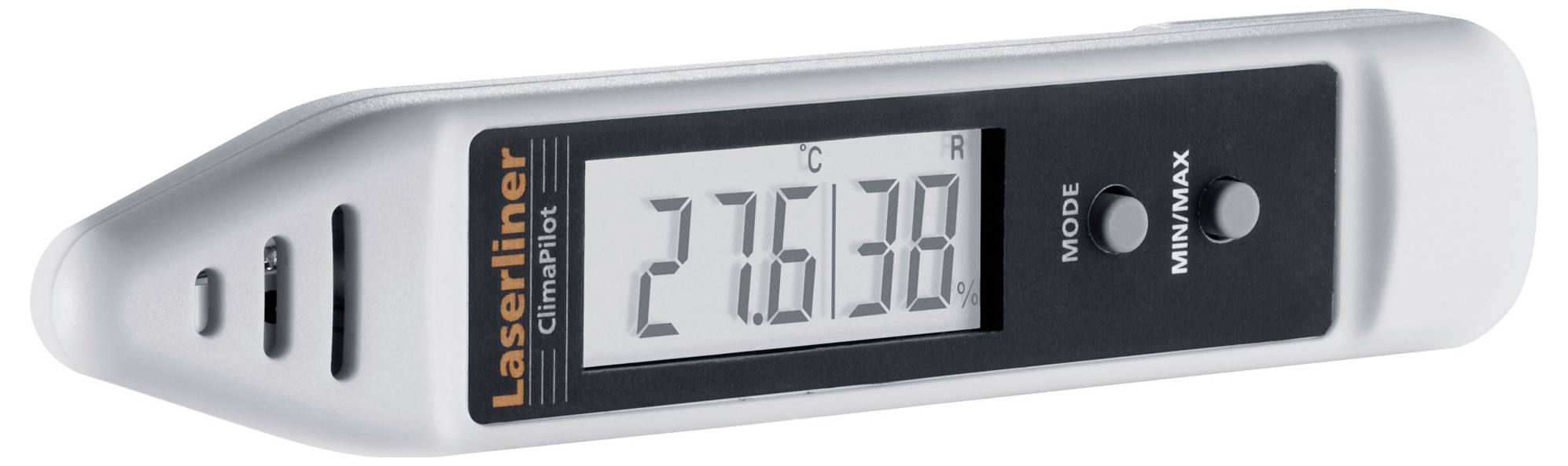 Digitale thermometer met display toont '27,5 °C'. Merknaam 'Laserliner' zichtbaar. Twee knoppen gemarkeerd met 'MODE' en 'MIN/MAX'.