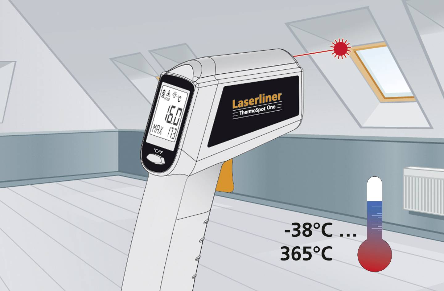 Een infrarood-thermometer meet de temperatuur in een ruimte. Het display toont 16,8°C. Het is gericht op een dakraamrichting.
