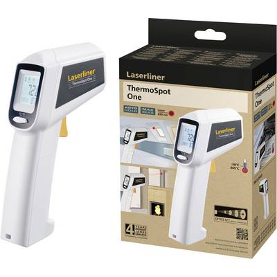 Een infrarood-thermometer 'Laserliner ThermoSpot One' naast zijn verpakking, die gebruiksvoorbeelden en productkenmerken toont.