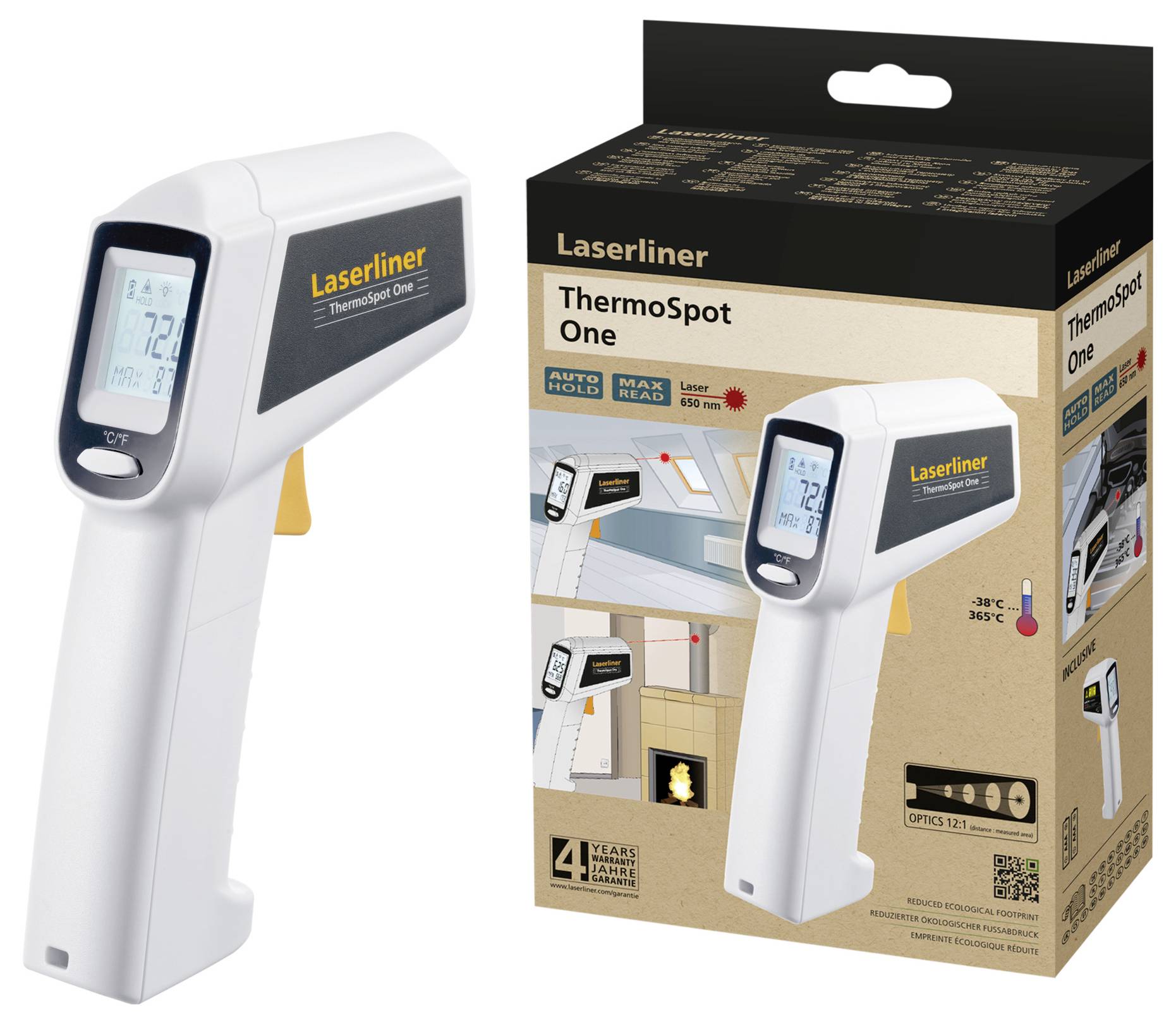 Een infrarood-thermometer 'Laserliner ThermoSpot One' met verpakking. Toont 72°C op het display. Productfoto met technische details.
