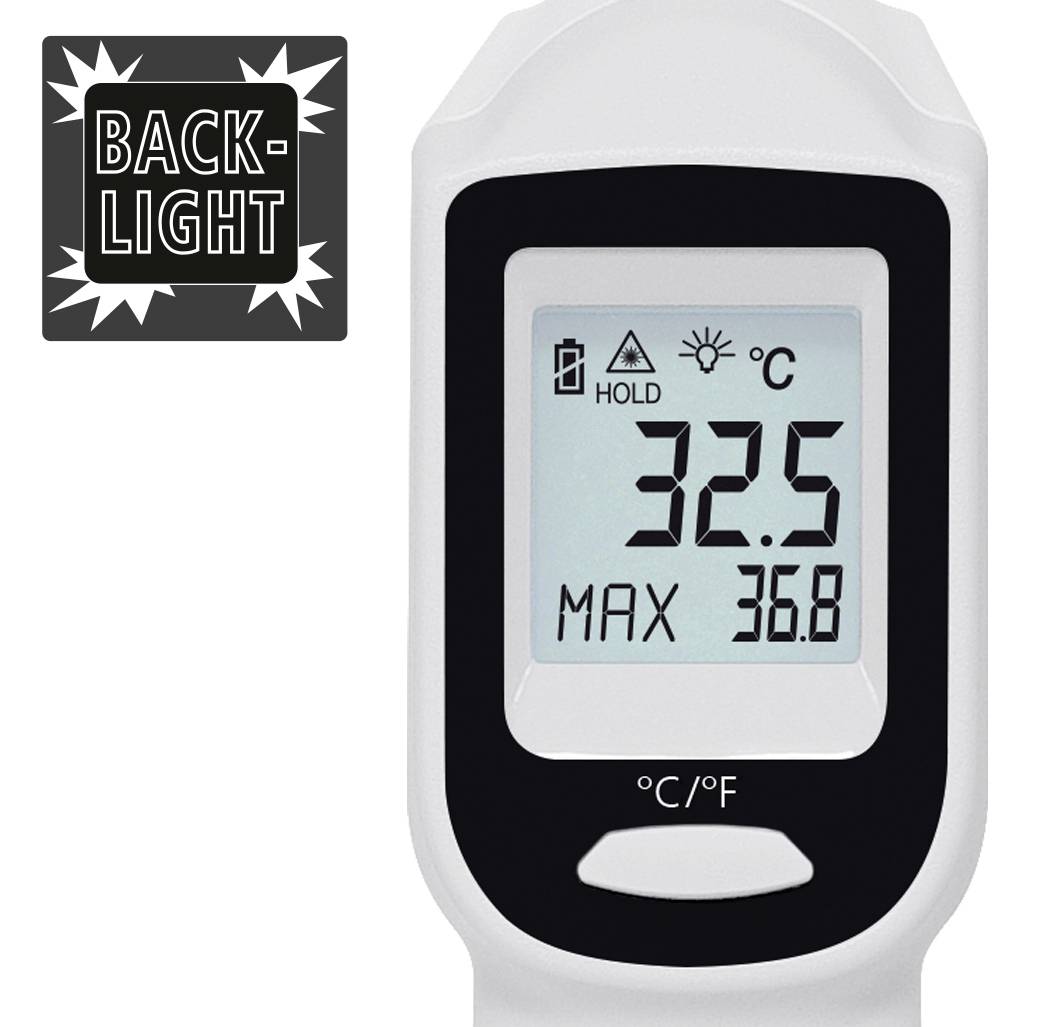 Digitale thermometer met verlichting; toont 32,5°C en maximale waarde 36,8°C. Symbolen voor modi: Hold, Zonlicht, Celsius.