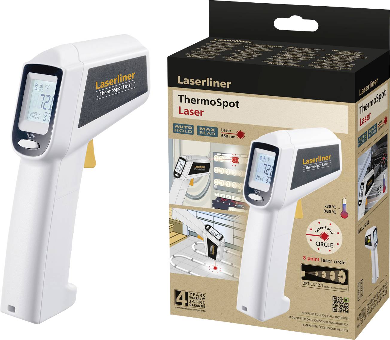 Handmatige lasertemperatuurmeter 'Laserliner ThermoSpot Laser', toont gedigitaliseerde temperatuurmetingen, in verpakking.