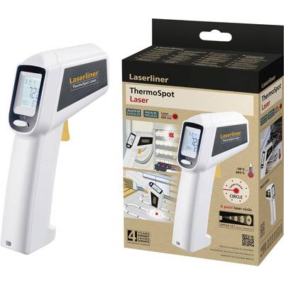 Handmatige lasertemperatuurmeter 'Laserliner ThermoSpot Laser', toont gedigitaliseerde temperatuurmetingen, in verpakking.