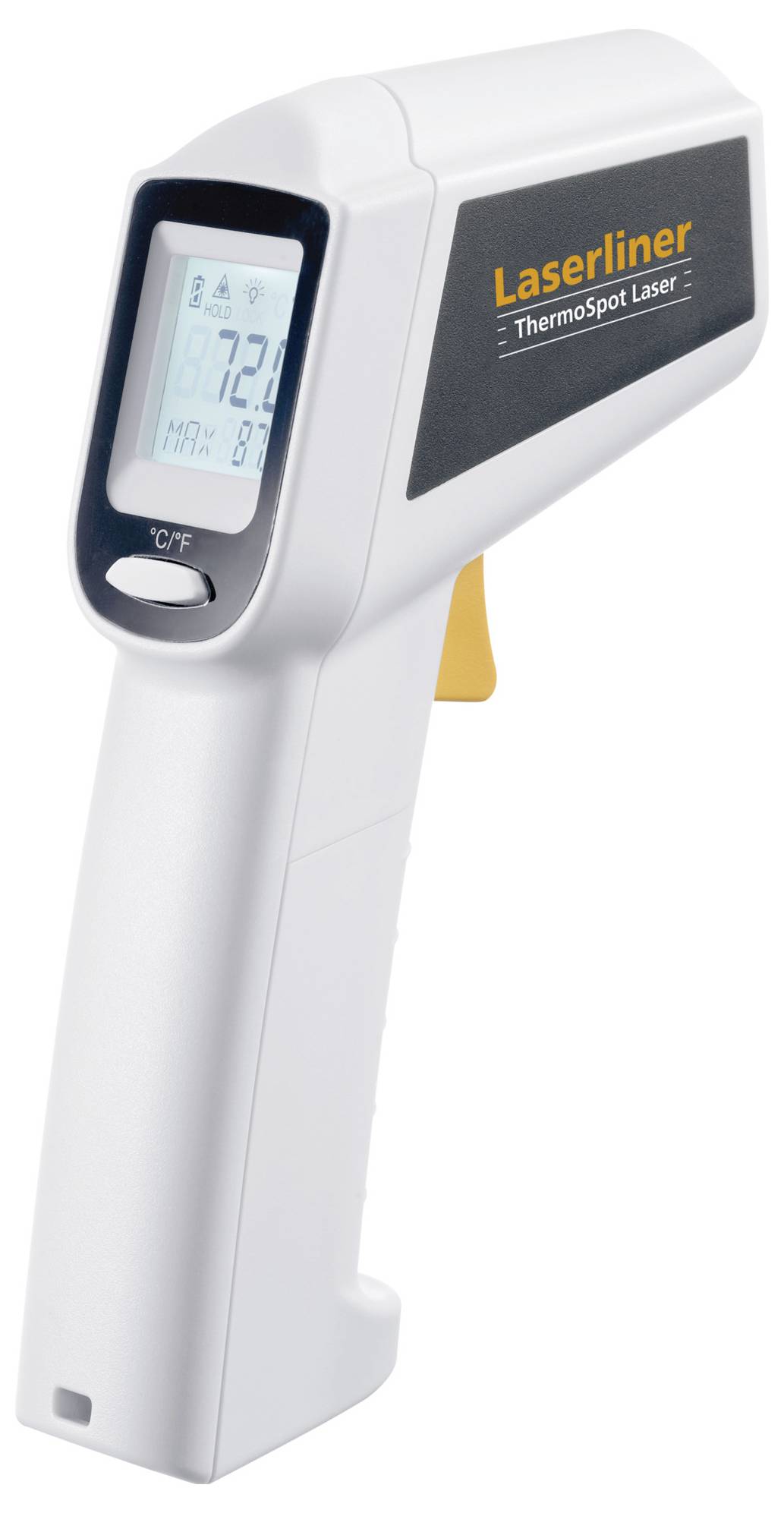Infrarood-thermometer toont 72,0 graden op het display, gezien van opzij.