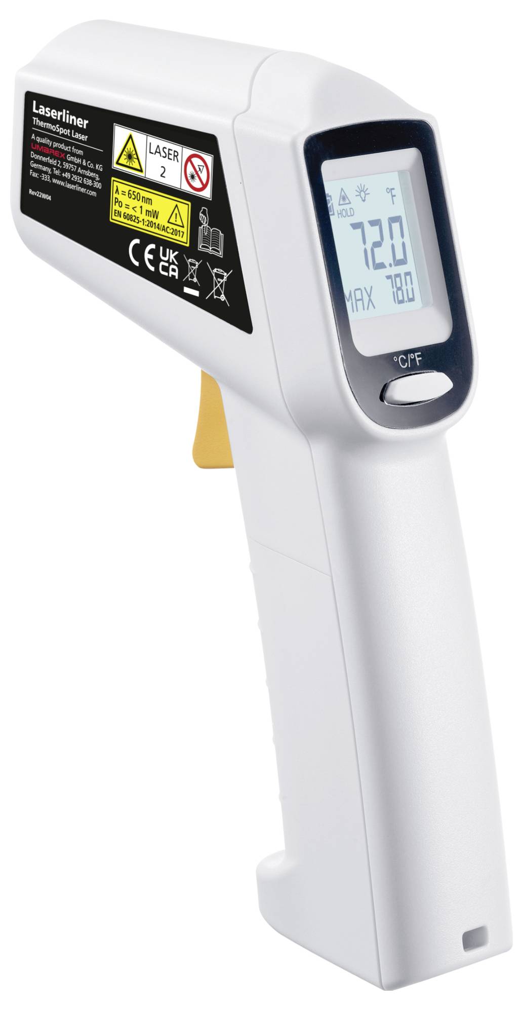 Een wit infrarood-thermometer met digitaal display toont 72 graden aan. Stickers met veiligheidsinformatie en waarschuwingen zijn zichtbaar.