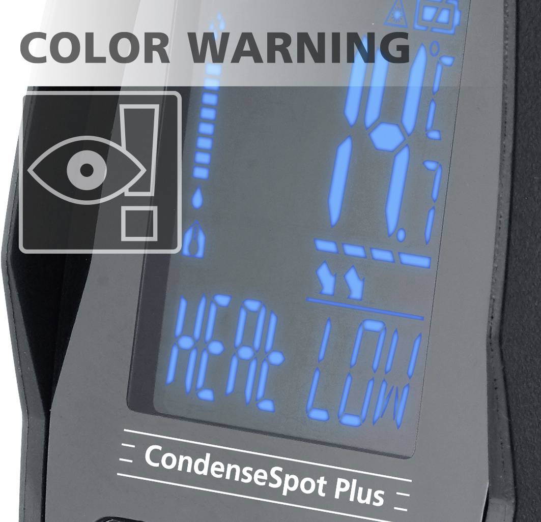 Het display toont een waarschuwingsbericht 'HEAT LOW' met blauwe symbolen voor warmte en vochtigheid en een ogensymbool.
