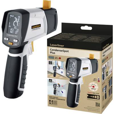 Een infrarood-thermometer van Laserliner met verpakking, die temperatuurmetingen weergeeft. De verpakking informeert over functies en toepassingsgebieden.