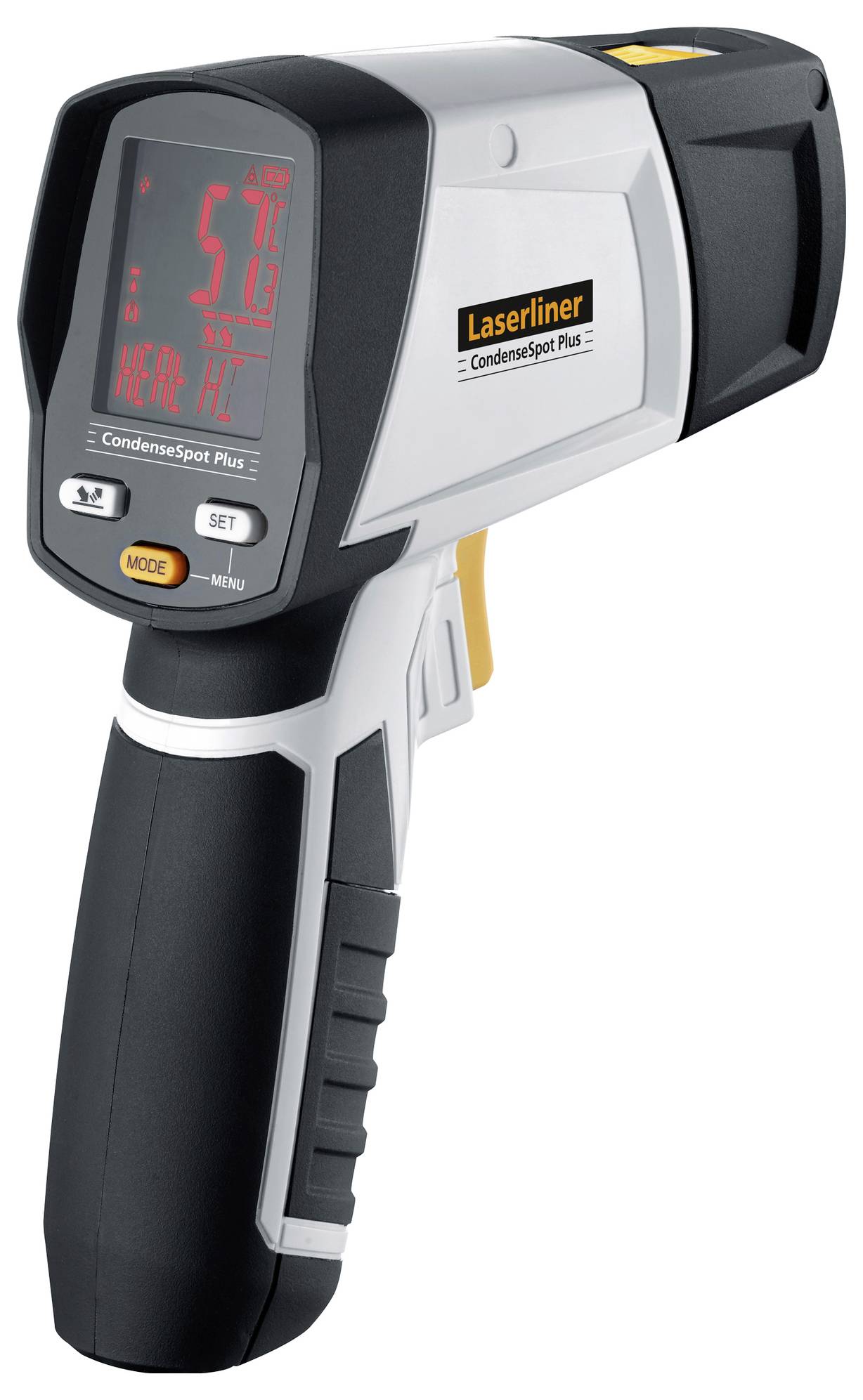 Een digitaal infrarood-thermometer met display toont een temperatuur van '5,7°C'. Het heeft de merkopdruk 'Laserliner'.
