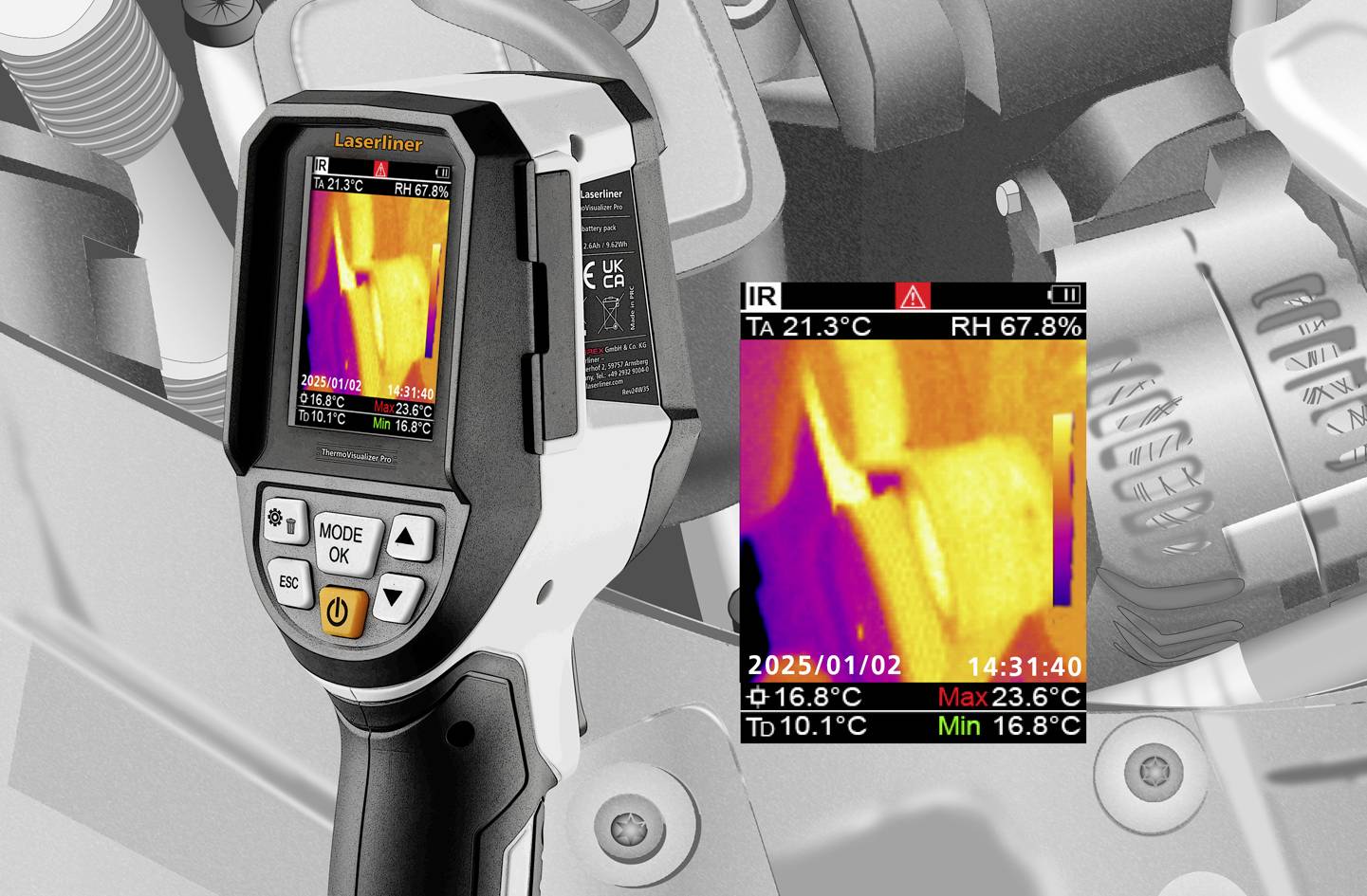 Een close-up van een warmtebeeldcamera die temperatuurmetingen weergeeft op een mechanisch apparaat. Display toont warme gebieden.