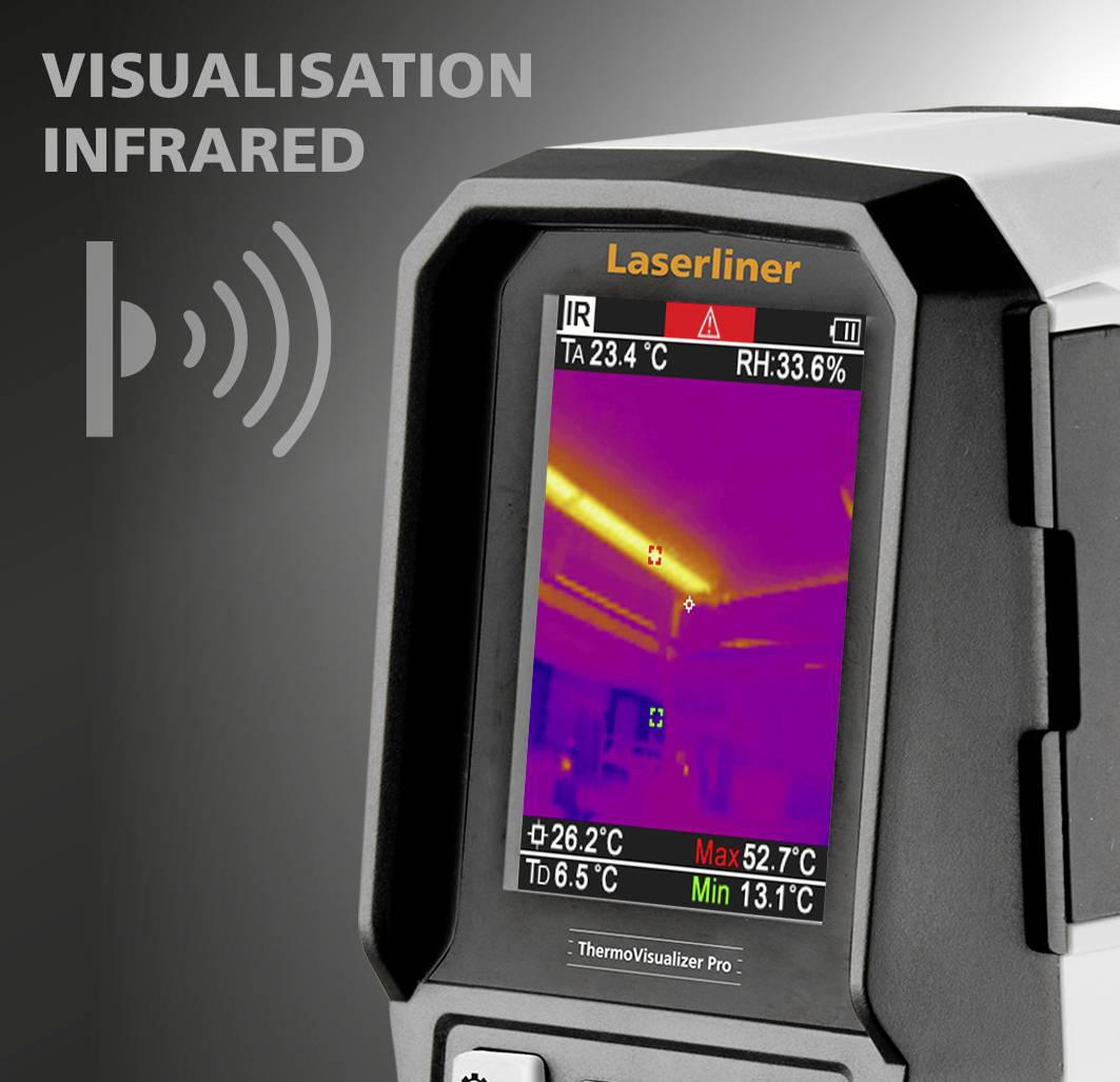 Infrarood-thermometer toont beeld van een verlichte ruimte met temperatuurbereik Max 35,1°C en Min 13,1°C, relatieve luchtvochtigheid 33,6%.