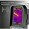 Infrarood-thermometer toont beeld van een verlichte ruimte met temperatuurbereik Max 35,1°C en Min 13,1°C, relatieve luchtvochtigheid 33,6%.