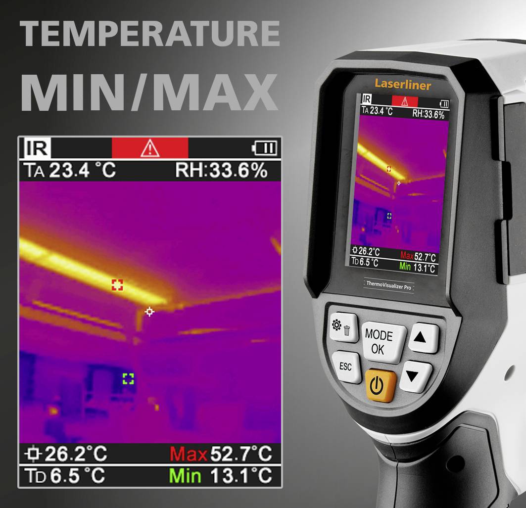Thermografische weergave van een lasermeetapparaat. Maximumtemperatuur: 52,7°C, Minimumtemperatuur: 13,1°C. Omgevingstemperatuur: 23,4°C.