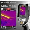 Thermografische weergave van een lasermeetapparaat. Maximumtemperatuur: 52,7°C, Minimumtemperatuur: 13,1°C. Omgevingstemperatuur: 23,4°C.