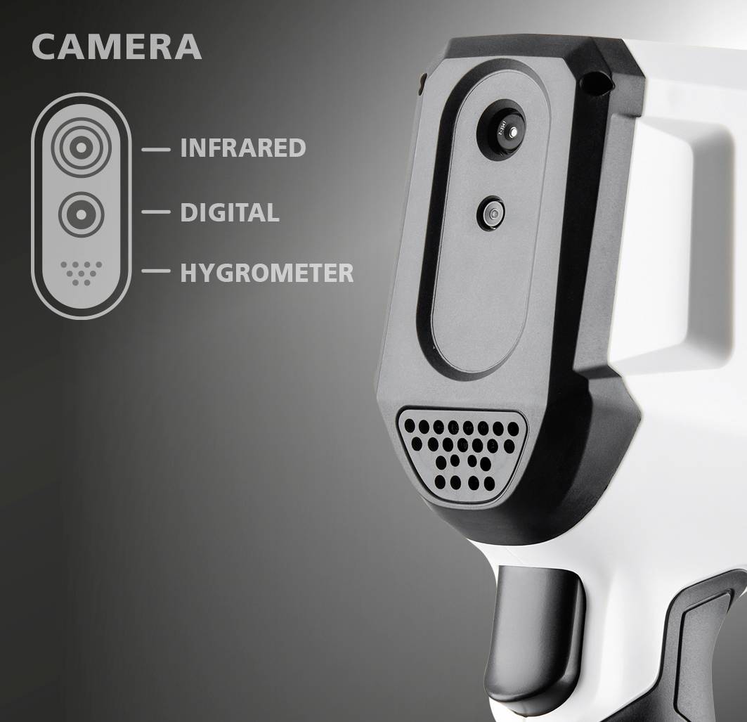 Een camera met infrarood- en hygrometerfuncties wordt weergegeven op een grijze achtergrondoppervlakte.