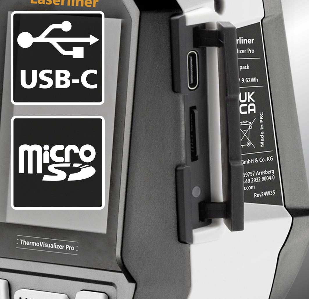 Afbeelding van aansluitingen: 'USB-C' en 'MicroSD'. Apparaattekst: 'Laserliner', 'ThermoVisualizer Pro'. Sleuf rechts, details herkenbaar.