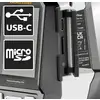 Afbeelding van aansluitingen: 'USB-C' en 'MicroSD'. Apparaattekst: 'Laserliner', 'ThermoVisualizer Pro'. Sleuf rechts, details herkenbaar.